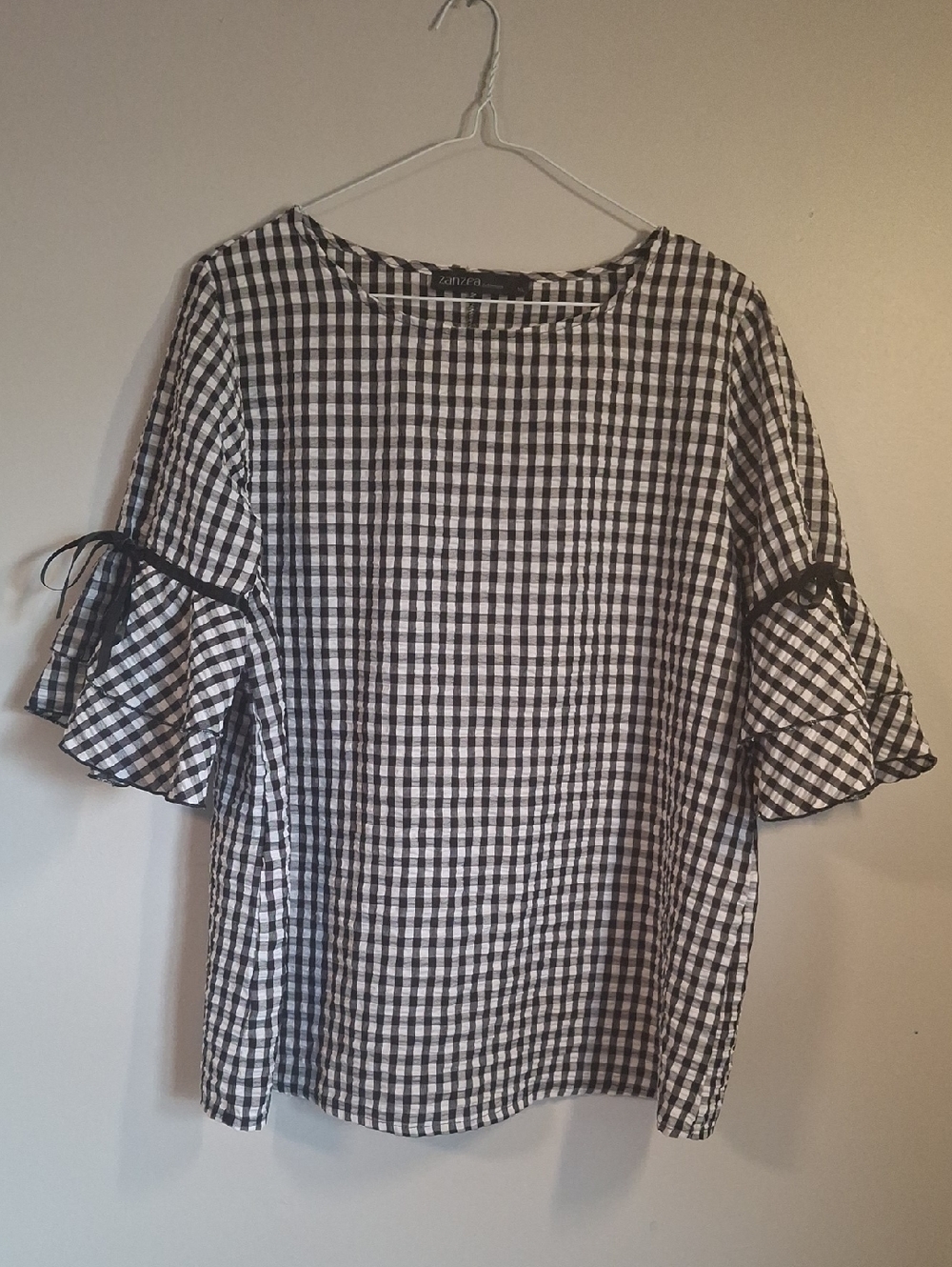 Zanzea Gingham Plaid Bell Sleeve Blouse Top Black White Seersucker XL